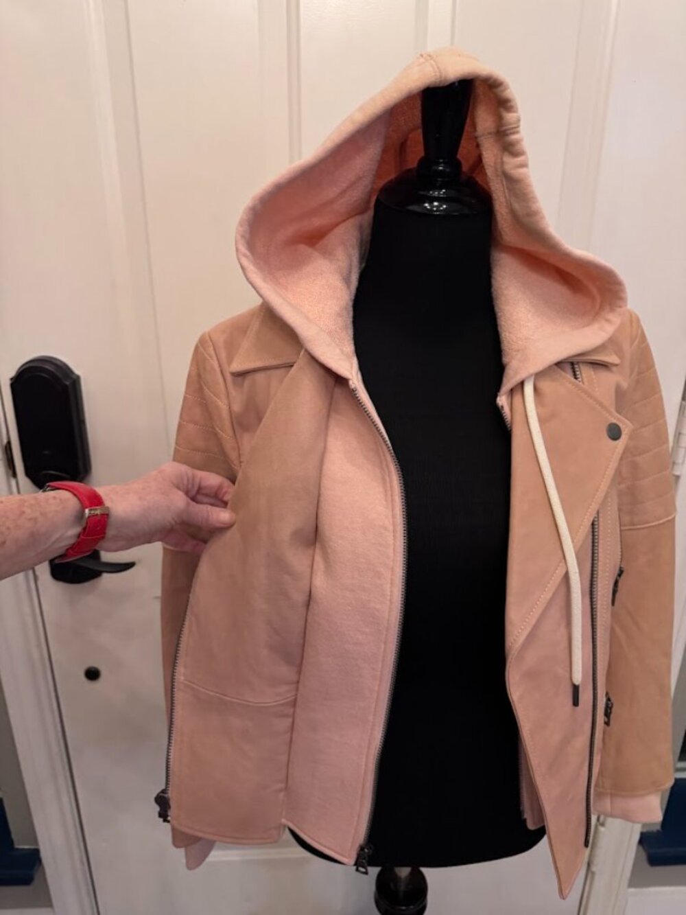 NWOT Alice + Olivia AO.LA Avril Hooded 100% Leather Biker Jacket Barbie Pink - M - Picture 5 of 16
